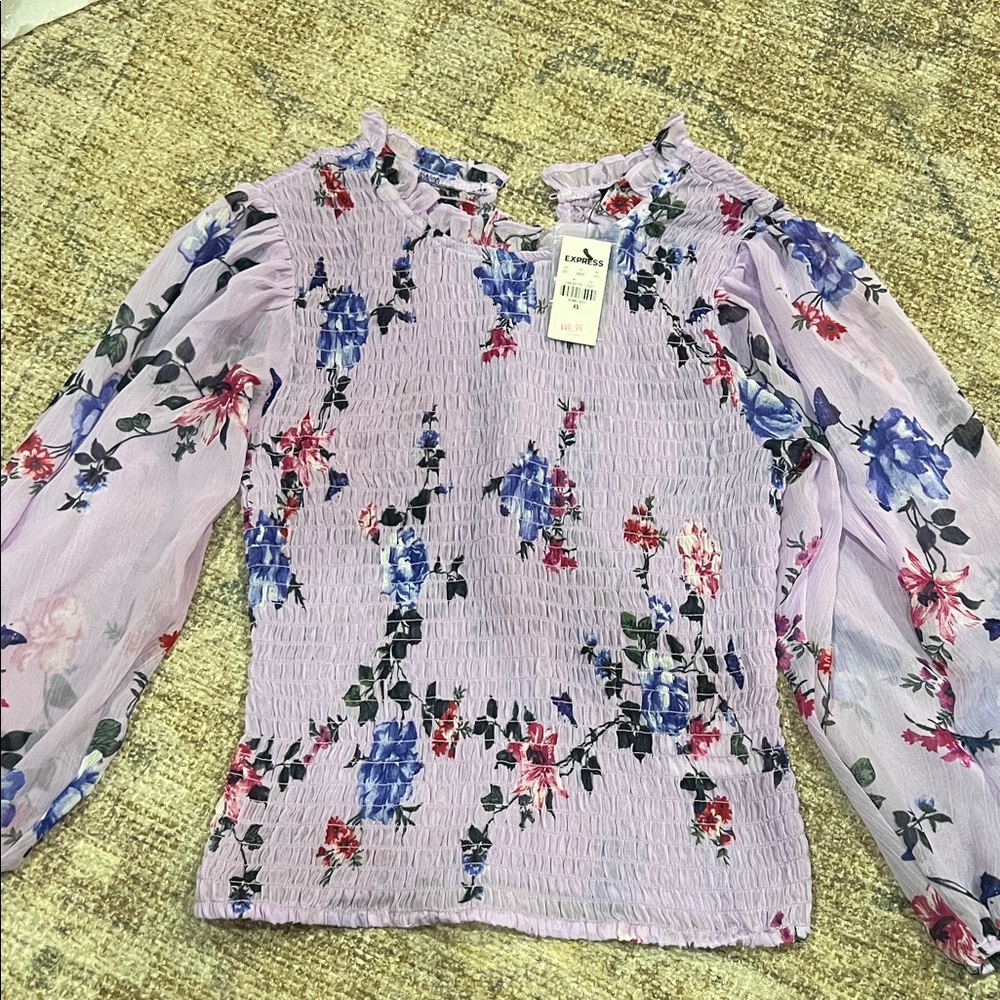 Express Lilac Floral Smocked Blouse